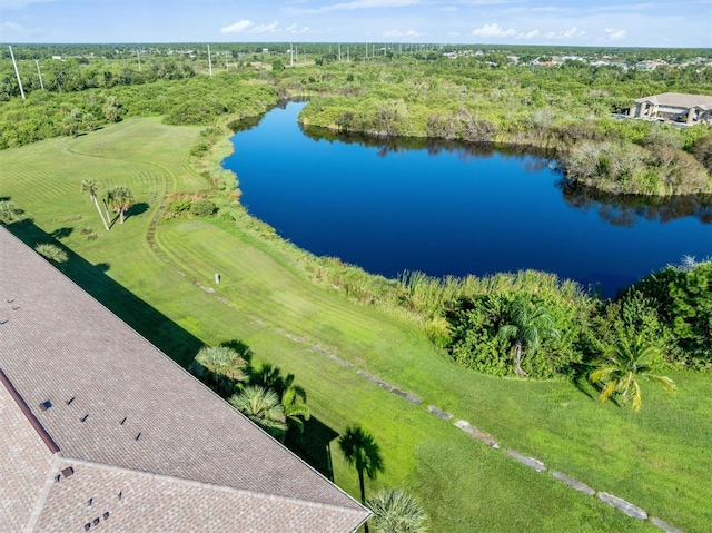 drone / aerial view featuring a water view