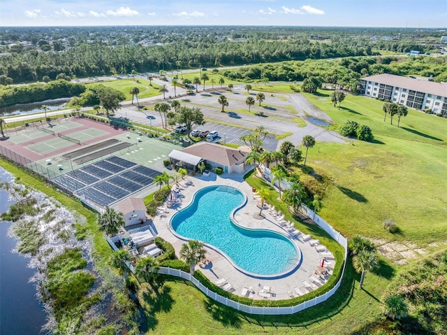 drone / aerial view with a water view