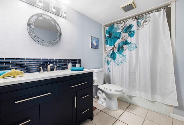 full bathroom with shower / bath combination with curtain, vanity, toilet, tile patterned flooring, and decorative backsplash