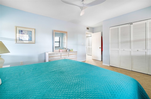 unfurnished bedroom featuring a closet, carpet, and ceiling fan