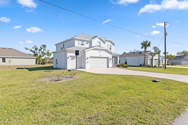 view of property featuring a front lawn and a garage