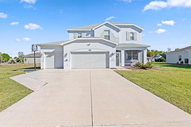 view of front of property featuring a front lawn and a garage