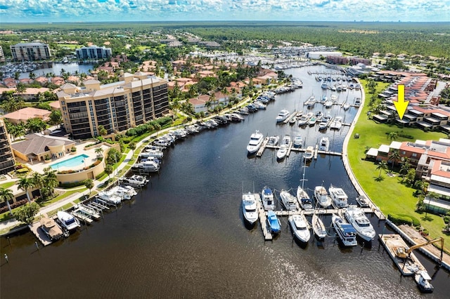 aerial view featuring a water view