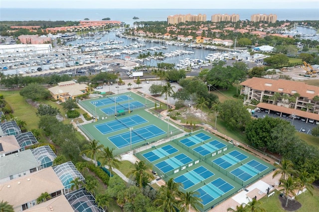 birds eye view of property featuring a water view