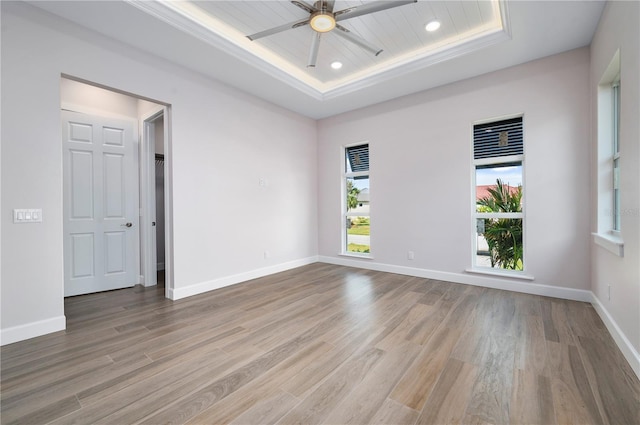 unfurnished room with light hardwood / wood-style floors, a tray ceiling, and ceiling fan