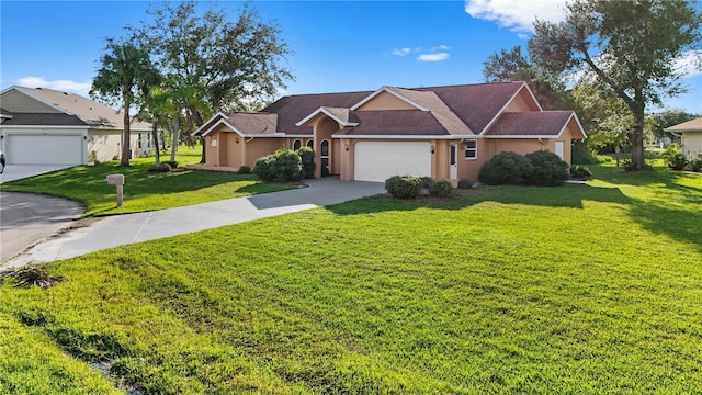 single story home featuring a front yard and a garage