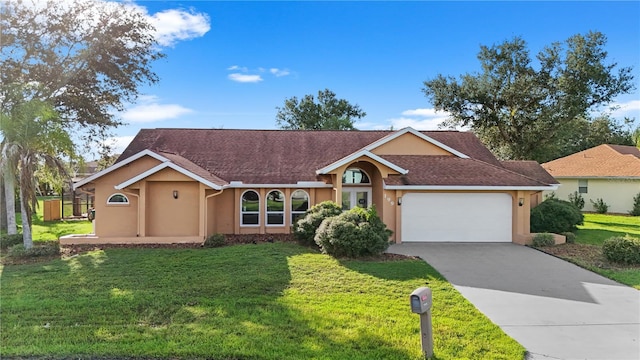 single story home featuring stucco siding, driveway, roof with shingles, an attached garage, and a front yard