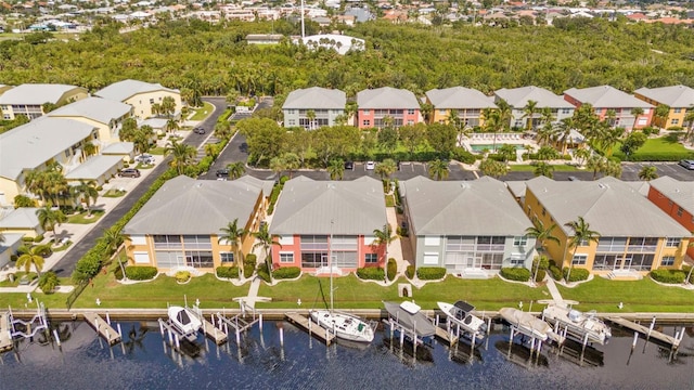 bird's eye view with a water view