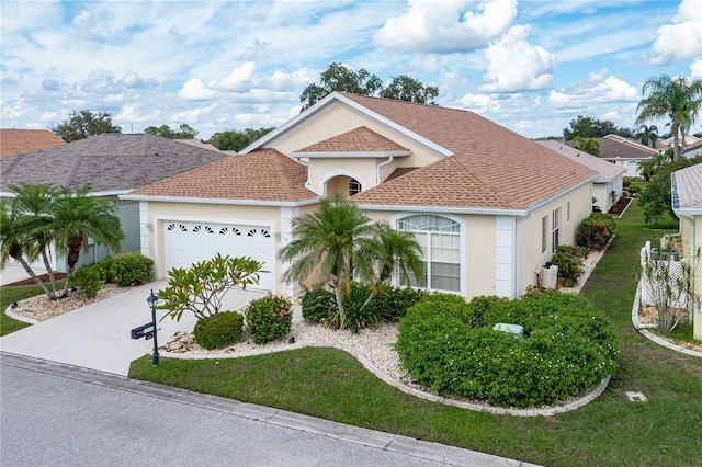 1676 Palace Ct, Punta Gorda, FL 33980 - view of front of home with stucco siding, a front yard, a garage, and concrete driveway