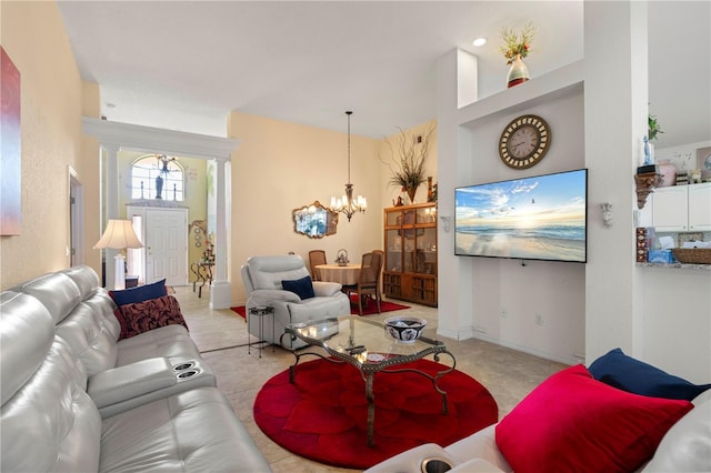 living room featuring an inviting chandelier