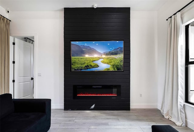 living room with light hardwood / wood-style flooring and a large fireplace