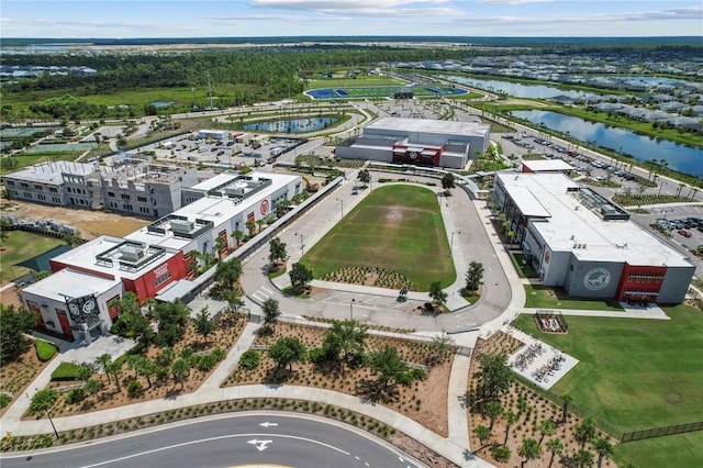 aerial view featuring a water view