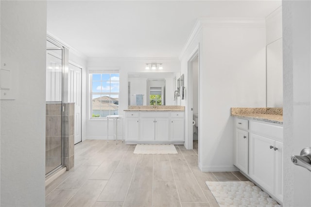 bathroom featuring crown molding, a shower with door, vanity, and toilet