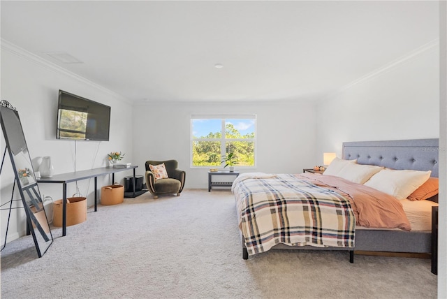 carpeted bedroom featuring ornamental molding