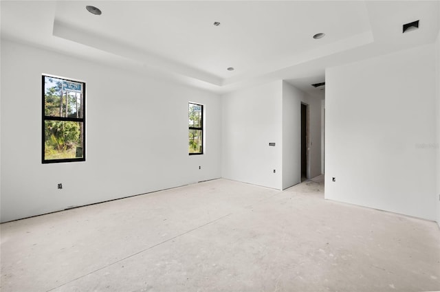 empty room featuring a tray ceiling and a wealth of natural light