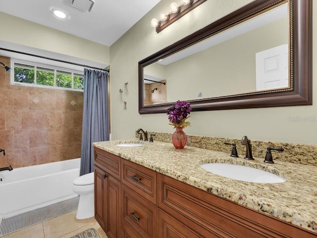 full bathroom featuring shower / bathtub combination with curtain, tile patterned flooring, vanity, and toilet