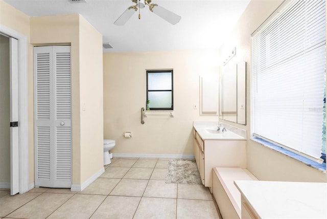 bathroom featuring ceiling fan, vanity, toilet, and tile patterned floors