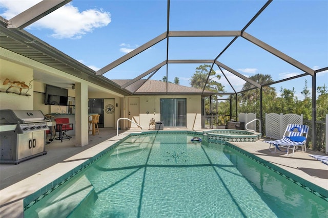 view of swimming pool with area for grilling, an in ground hot tub, a lanai, and a patio