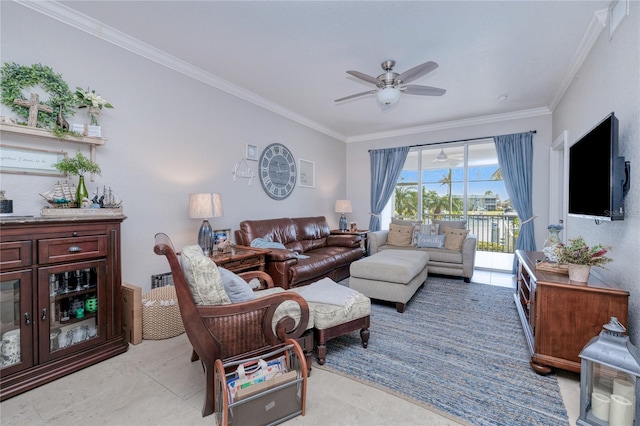 tiled living room with crown molding and ceiling fan