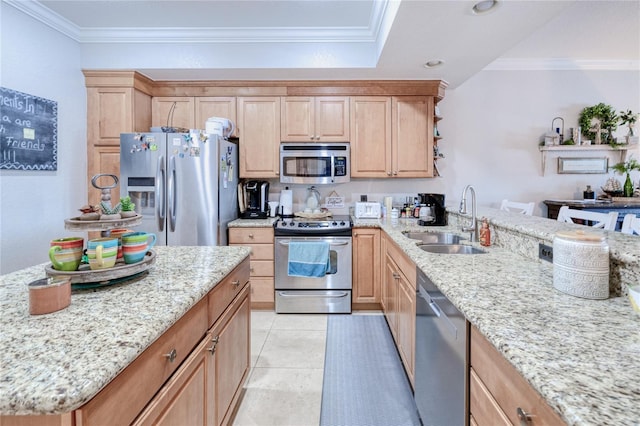 kitchen featuring light stone countertops, ornamental molding, appliances with stainless steel finishes, and sink