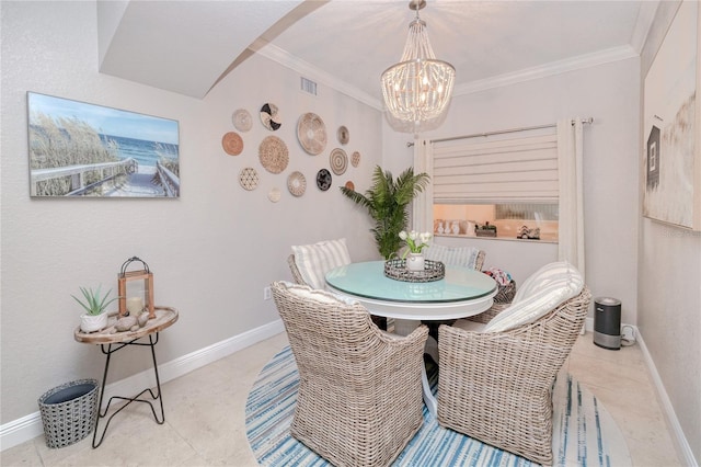 dining space featuring light tile patterned floors, an inviting chandelier, and ornamental molding