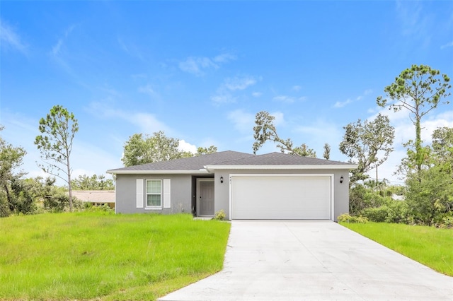 ranch-style house featuring a front yard and a garage