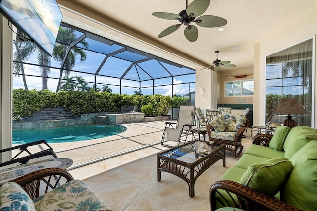 view of patio / terrace with glass enclosure, an outdoor hangout area, ceiling fan, pool water feature, and a fenced in pool