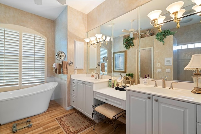 bathroom with vanity, hardwood / wood-style flooring, a wealth of natural light, and plus walk in shower