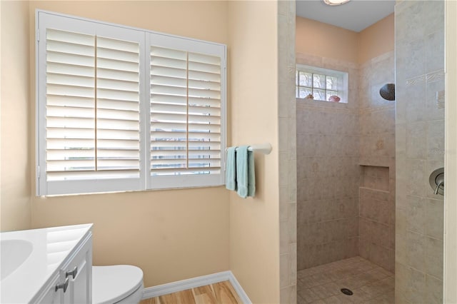 bathroom featuring vanity, a tile shower, and a healthy amount of sunlight