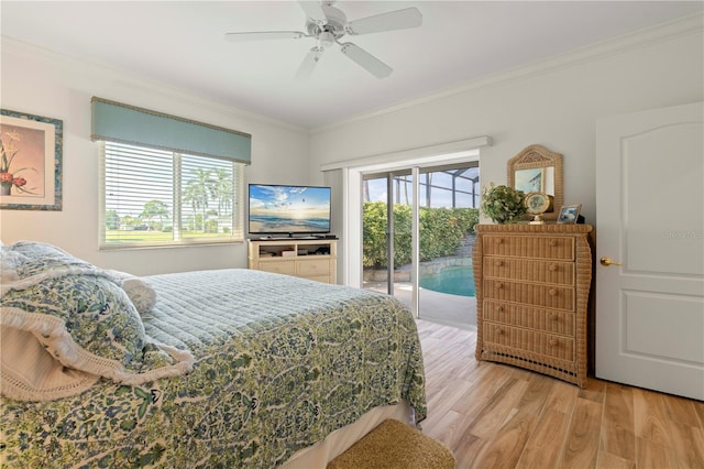 bedroom with crown molding, light hardwood / wood-style flooring, access to exterior, and ceiling fan