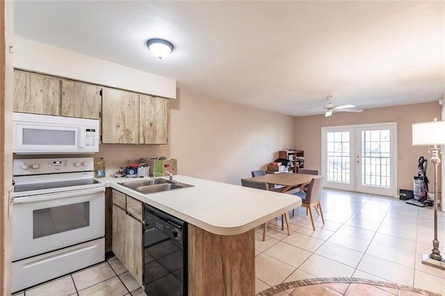 kitchen with ceiling fan, white appliances, sink, kitchen peninsula, and light tile patterned floors