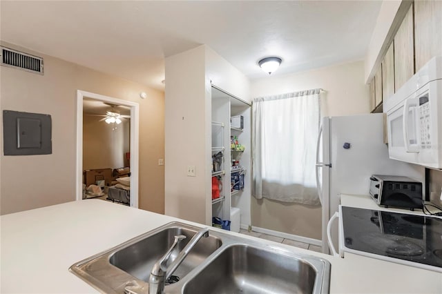 kitchen featuring electric panel, ceiling fan, white appliances, light brown cabinets, and sink