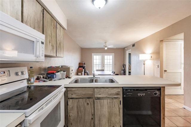 kitchen with ceiling fan, white appliances, sink, kitchen peninsula, and light tile patterned floors