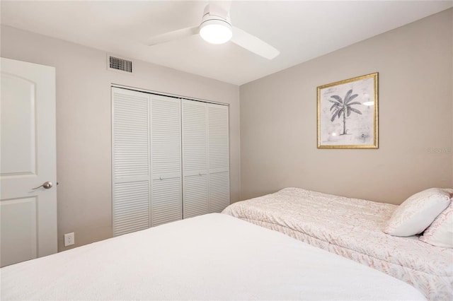 bedroom featuring ceiling fan and a closet