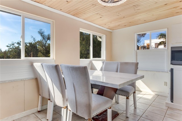 tiled dining space featuring a healthy amount of sunlight and wooden ceiling