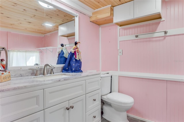 bathroom with vanity, wooden ceiling, and toilet