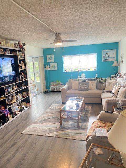 living room featuring a wealth of natural light, hardwood / wood-style floors, and a textured ceiling