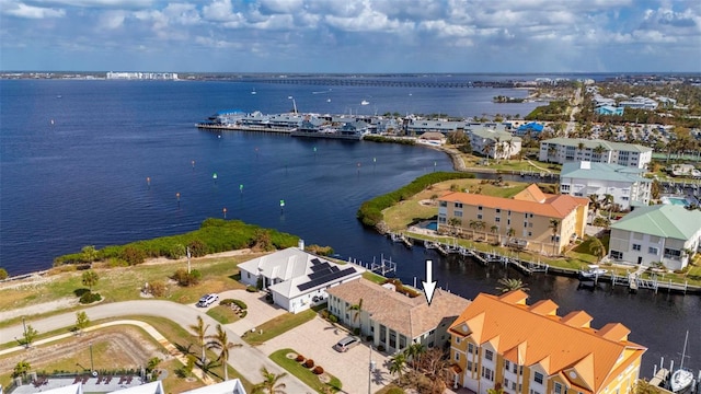 drone / aerial view featuring a water view