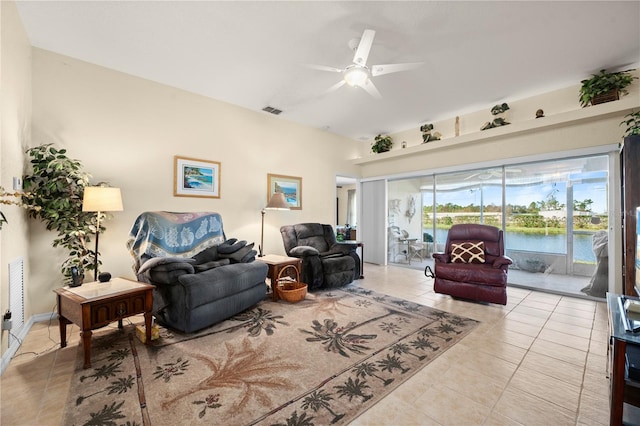 living room with light tile patterned floors and ceiling fan