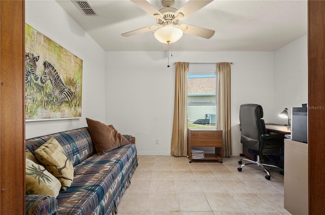 tiled office with ceiling fan