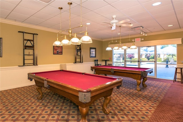 recreation room with pool table, crown molding, a healthy amount of sunlight, and ceiling fan