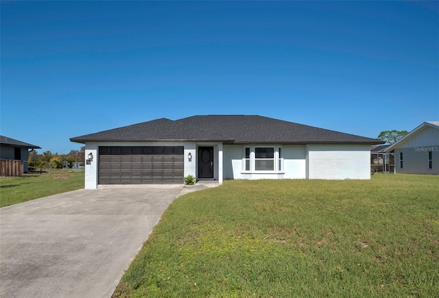 ranch-style house with an attached garage, driveway, and a front yard