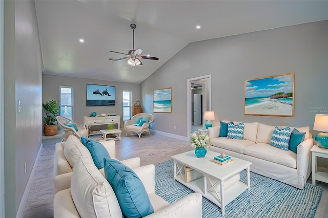 living room featuring baseboards, a ceiling fan, vaulted ceiling, and recessed lighting