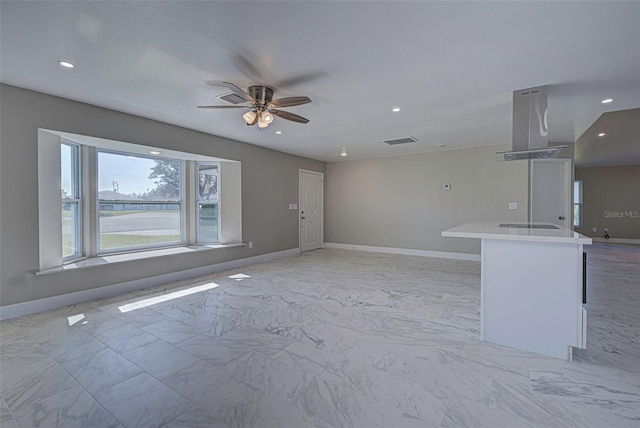 unfurnished living room featuring recessed lighting, ceiling fan, visible vents, and baseboards
