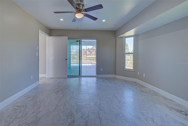 empty room featuring recessed lighting, ceiling fan, baseboards, and marble finish floor