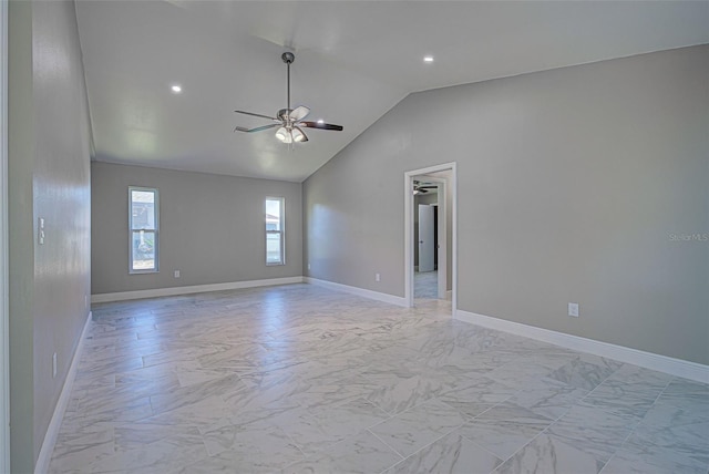 unfurnished room with ceiling fan, baseboards, marble finish floor, lofted ceiling, and recessed lighting