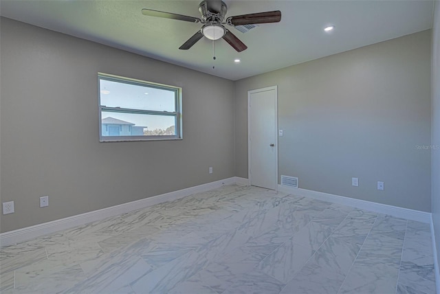 empty room featuring baseboards, a ceiling fan, visible vents, and recessed lighting