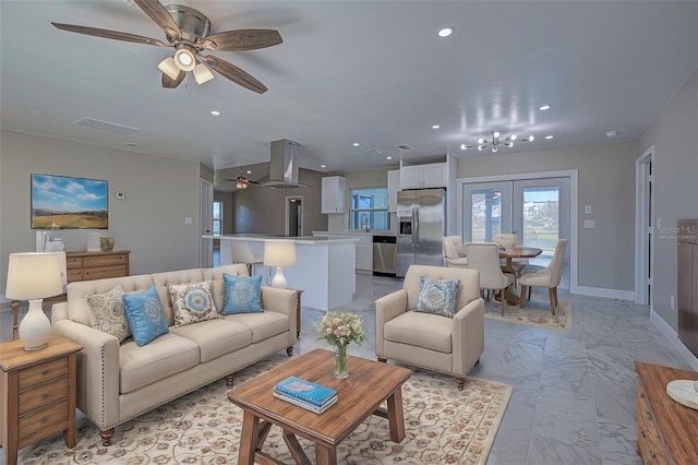 living room featuring marble finish floor, a ceiling fan, baseboards, recessed lighting, and visible vents