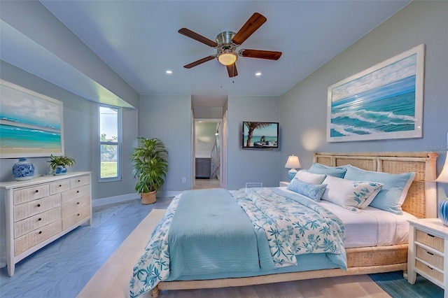 bedroom featuring recessed lighting, a ceiling fan, and ensuite bath