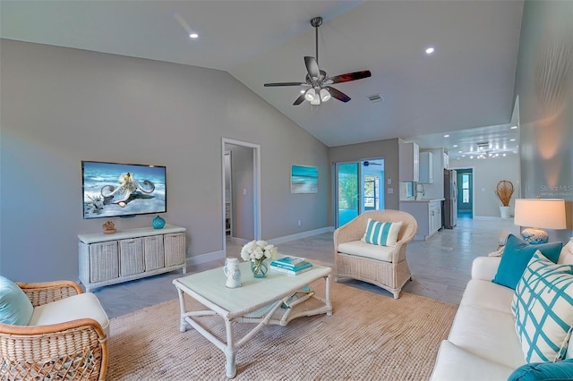 living area featuring a ceiling fan, high vaulted ceiling, visible vents, and recessed lighting